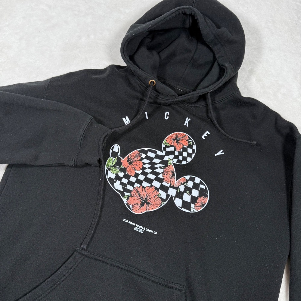 Disney Neff Mickey Mouse Hoodie Mens Large Black Floral Checkered Sweatshirt